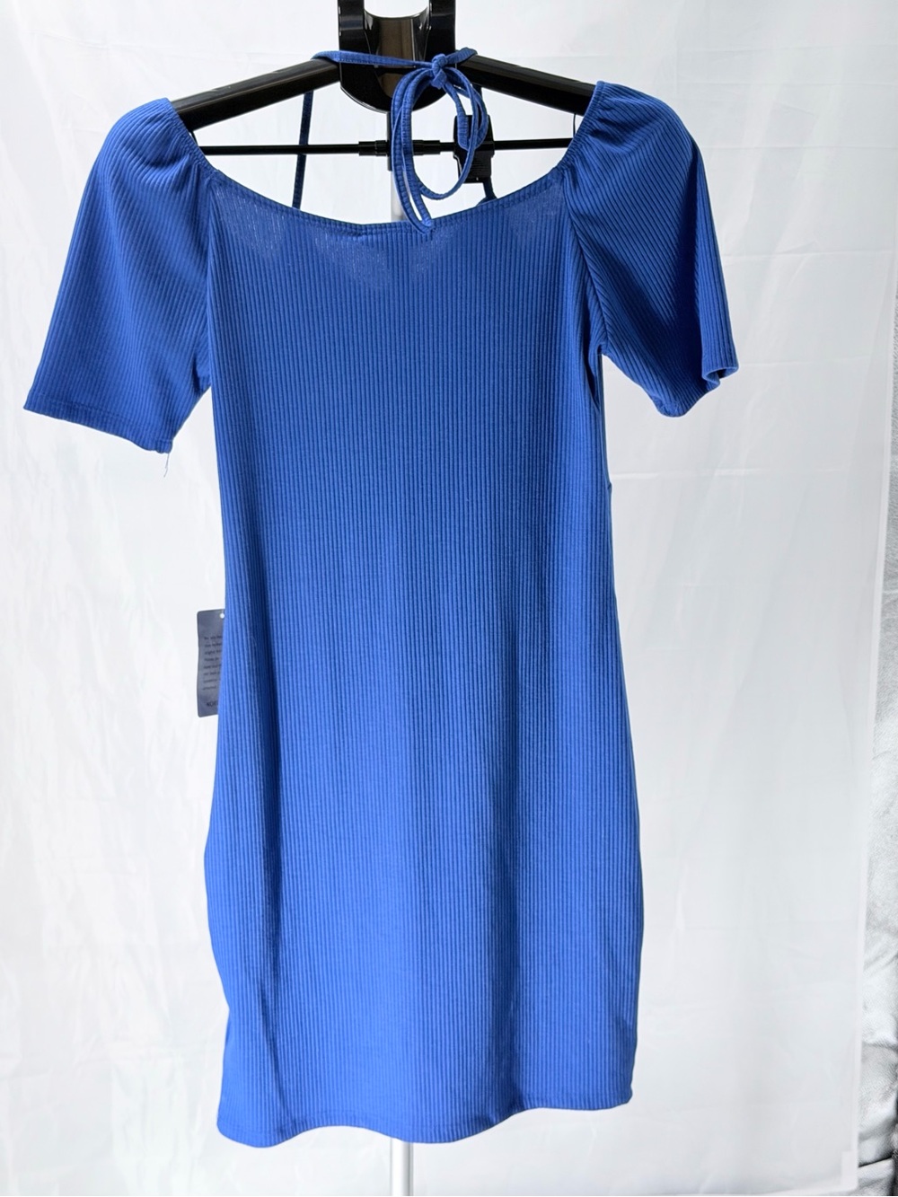 Nordstrom Royal Blue Stretch Ribbed Short-Sleeve Dress Tie Up Neck NWT Size M